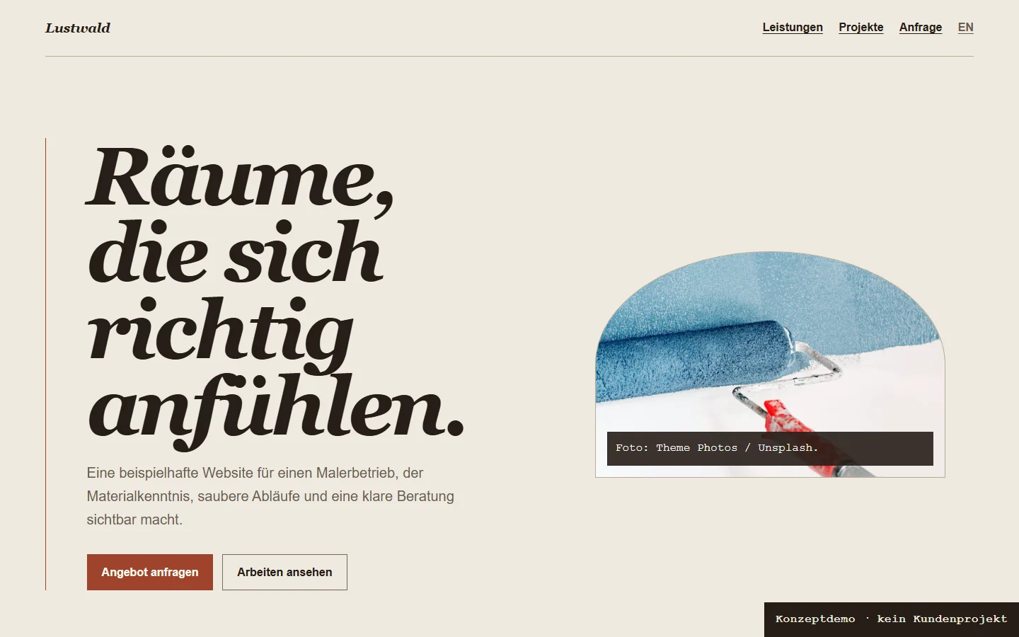 Hero-Screenshot der Maler-Konzeptseite mit klarer Leistungsbotschaft und blauem Farbroller