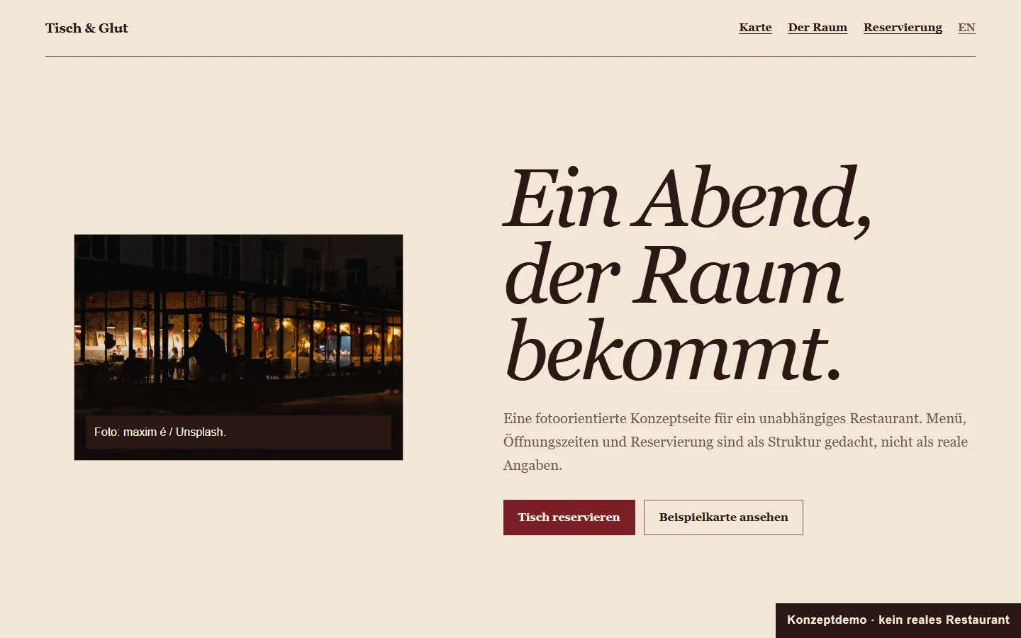 Hero-Screenshot der Restaurant-Konzeptseite mit warmer Abendstimmung und editorialer Typografie